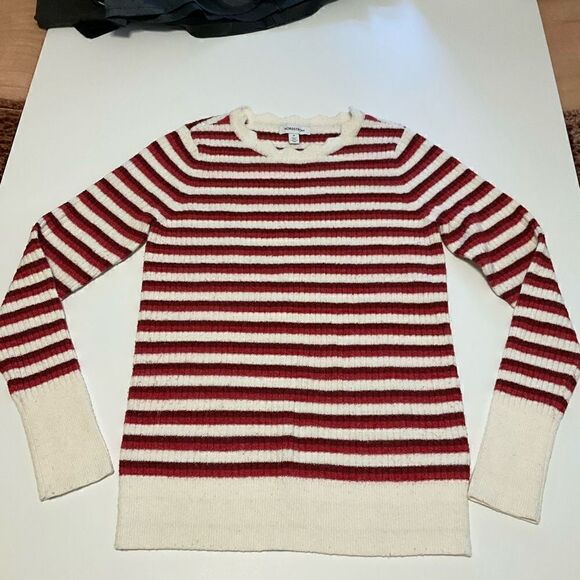 Nordstrom Red Breton Stripe Distressed Cropped Ribbed Sweater, M. French Girl - Picture 3 of 12